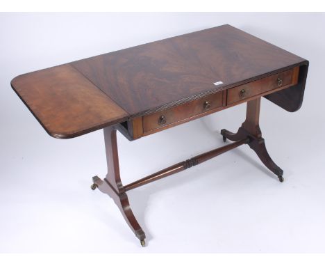 A mahogany sofa table, with two frieze drawers on downswept supports, height 72cm, width 97cm, depth 61cm.  Condition report: