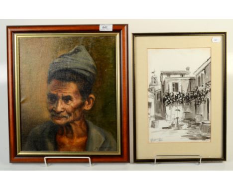 A Malaysian oil on canvas, portrait of a man, signed and dated 85, 34 x 29.5cm, a framed print, 43 x 64.5cm and a pen and ink