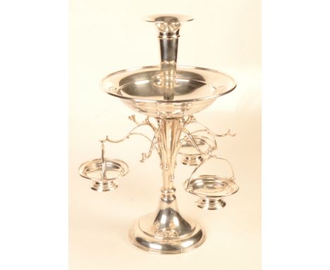 An EPNS epergne with central spill, fruit bowl and six branches from which there hangs three bonbon dishes.