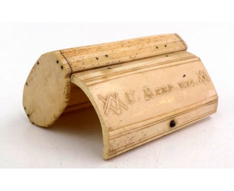 A Napoleonic French prisoner of war bone snuff box, early 19th century, the hinged cover inscribed 'C.Reed.1812', flanked by 