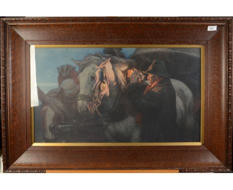 A print, 'Harnessing up the horses', in an oak frame, 42 x 74cm.