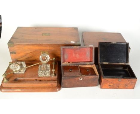 A Victorian oak ink stand, with a pair of cut glass inkwells and brass rail, height 12cm, width 33.5cm, depth 24cm, two Victo