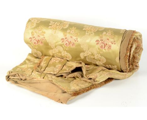 A pair of Brocade machine woven curtains, drop 232cm, width at gathered top 91cm.