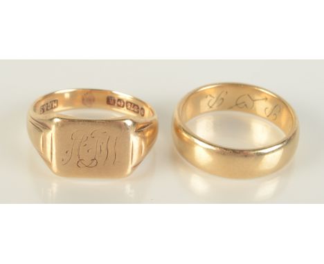 A 9ct gold band, size O, and a 9ct gold signet ring, size R, 10.1g.  Condition report: Signet ring 1946. Band 1969.