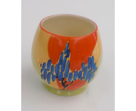 A Clarice Cliff 'Fantastique Bizarre' footed pot, decorated in the 'Windbells' pattern, height 8cm.   Condition report:  Good