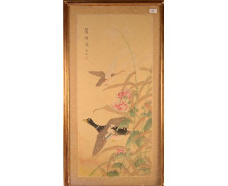 A Chinese painting on silk, with birds amongst foliage, character marks and red seal mark, framed and glazed, 92 x 47cm.