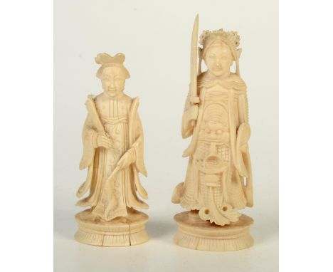 A pair of Chinese ivory chess pieces, circa 1900, the King and Queen, heights 9.6cm and height 8cm.   Condition report:  King