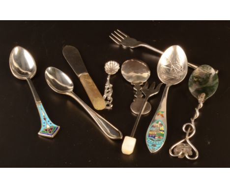 A Russian silver cloisonne enamelled small spoon, an Art Nouveau silver spoon with moss agate finial together with other silv