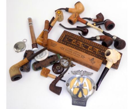 Miscellaneous, to include a Tunbridge Ware cribbage board, an AA badge, a collection of pipes, three compasses, a Maison Duri