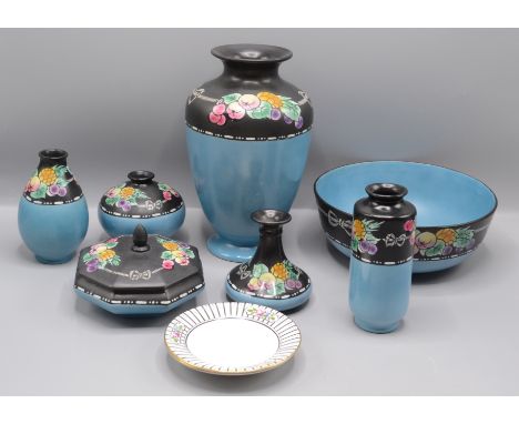 Seven items of Shelley fruit decorated porcelain, including five vases, a trinket box, a bowl and two black and white floral 