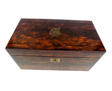 A Victorian coromandel tea caddy, the cover with brass inlaid monogram, opening to reveal twin compartments, height 17.5cm, w