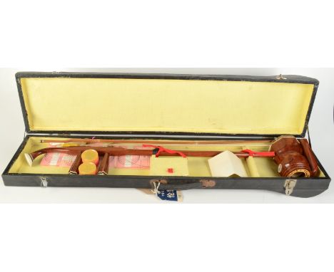 A Chinese edhu string musical instrument, with python skin covered drum to one end, complete with bow, in fitted case, length