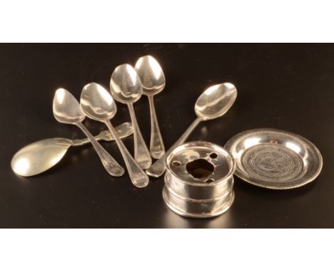 Four Georgian spoons, one other silver spoon, an Eastern silver dish, a silver inkwell and a silver plated caddy spoon.