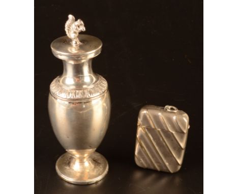 A Dutch silver pounce pot, the vase shape with lancet leaf band to the shoulder the removable grill beneath a plain lid with 