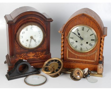 An inlaid mahogany mantel clock, early 20th century, height 35cm, width 29cm, an oak mantle clock and miscellaneous clock par