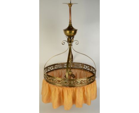A brass hanging ceiling light, early 20th century, height 72cm.  Condition report: Replacement pipe between rose and light fi
