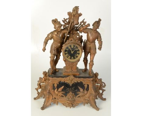A French gilt spelter and black slate mantel clock, 19th century, height 54cm, width 42cm.