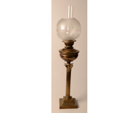 A Victorian brass oil lamp, with glass shade. 