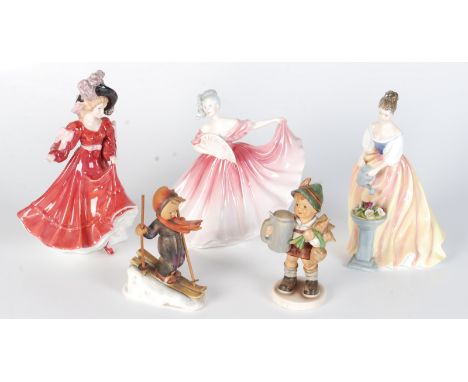 Three Royal Doulton figurines, 'Elaine' HN3307, 'Patricia' HN3365, 'Alexandra' HN3286 and two Hummel figures.