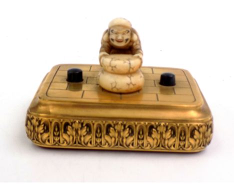 A fine Sormani ormolu, ivory and bloodstone bell push surmounted with a netsuke, late 19th century, impressed gilt makers mar