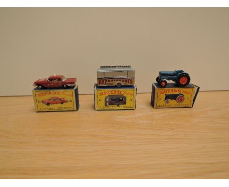 Three Matchbox Series Lesney 1961-1965 diecasts, No 59 Fire Chief Car, No 72 Fordson Tractor, orange hubs, black tyres and No