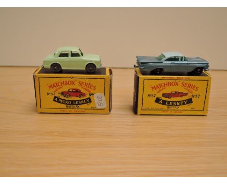 Two Matchbox Series Moko Lesney 1954-1960 diecasts, No 57 Wolseley 1500, light green and No 57 Chevrolet Impala, two tone blu