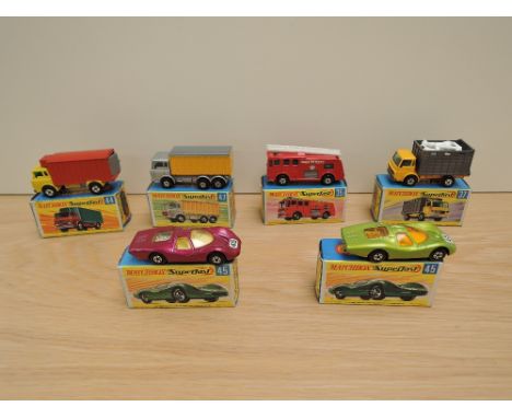 Six Matchbox Superfast 1970-1973 diecasts, G Boxes, No 35 Merry Weather Fire Engine, No 37 Cattle Truck with unused plastic c