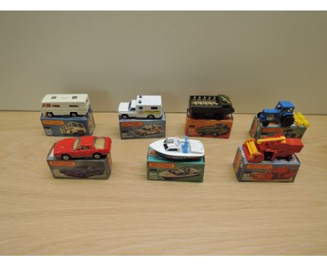 Seven Matchbox Superfast 1976-1982 diecast, K &amp; L Boxes, No 41 Ambulance, No 46 Ford Tractor &amp; Harrow, No 51 Pontiac 