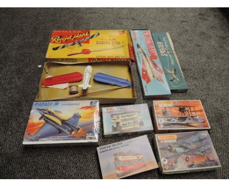 Five plastic Kits, 1:72 scale Matchbox Walrus MK-1 and Swordfish, Italeri Rafale M, Keil Kraft Type A Tram and 1:76 scale Tow