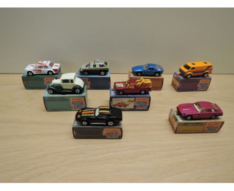 Eight Matchbox Series Superfast Lesney 1976-1982 diecasts, K &amp; L Boxes, No 59 Planet Scout, light green with purple glass