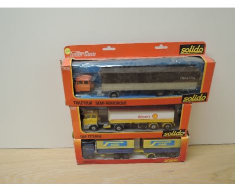 Three 1980's Solido diecasts, 363B Articulated Wagon Onatra, 369 Petrol Tanker Shell and 3507 Wagon and Trailer Solido, all b