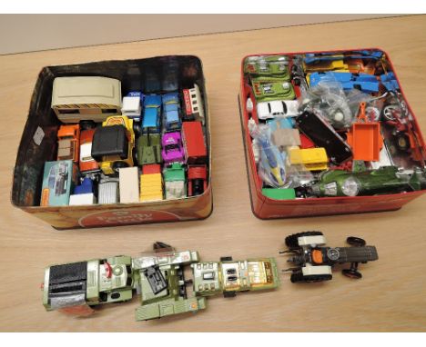 Two small boxes of playworn diecasts including Britains David Brown Tractor, Matchbox Adventure 2000 etc