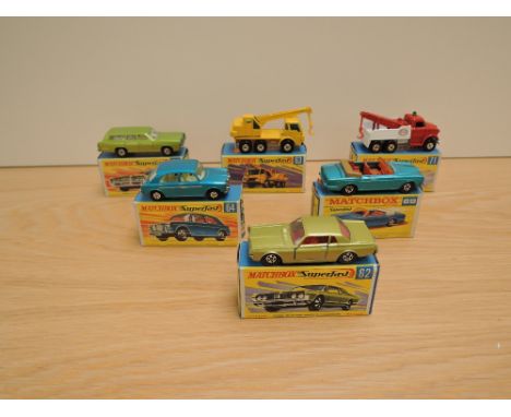Six Matchbox Series Superfast Lesney 1969-1973 diecasts, No 62 Mercury Cougar, green, No 63 Dodge Crane Truck, No 64 MG1100, 