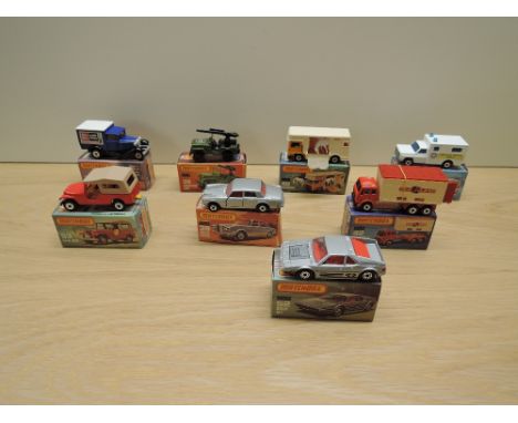 Eight Matchbox Superfast 1976-1982 diecast, K &amp; L Boxes, No 38 Armoured Jeep, No 38 Model A Van, No 39 Rolls Royce, No 40