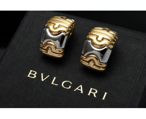 Paar Bulgari "Parentesi" Gelbgold 750 und Edelstahl Ohrclips, sign. 18,6g, H. 2cm, Originalbox