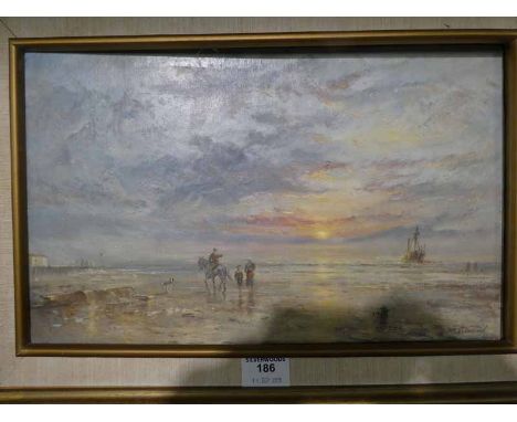 John Lewis Chapman (British b1943) oil on board 'Sunset Beach Scene' titled verso and featuring figures and ships in golden l