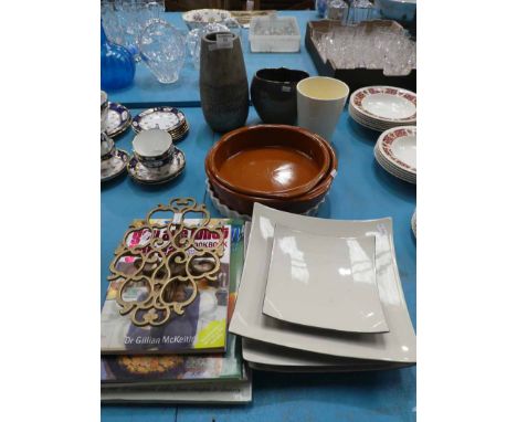 A mixed lot of ceramic tableware, cookbooks and brass warmer etc 