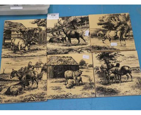 Six Minton monochrome transfer printed tiles depicting farm animals