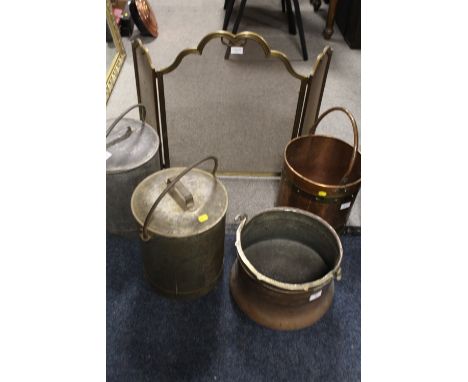 A SELECTION OF METALWARE TO INCLUDE TWO COPPER BUCKETS, TWO MILKING BUCKETS AND A FIREGUARD