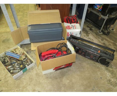 A SELECTION OF RADIO VALVES, FIRST ALERT SAFE, DUST DEVIL VACUUM WITH TOOLS, SAISHO DOUBLE CASSETTE RADIO