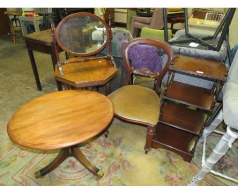A VICTORIAN MAHOGANY CHAIR, TWO OCCASIONAL TABLES, WOT-NOT, MIRROR AND FIRESCREEN (6)