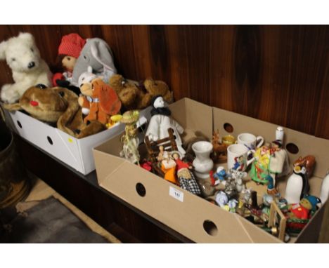 A TRAY OF COLLECTABLES TO BESWICK  &amp; CARLTONWARE PENGUIN FIGURES, PEG DOLLS ETC TOGETHER WITH A BOX OF SOFT TOYS TO INCLU