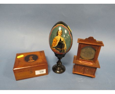 A SMALL REPRODUCTION POLYPHON, A RUSSIAN PAINTED EGG ON STAND TOGETHER WITH A SMALL INLAID BOX