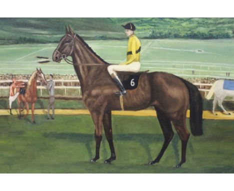 A LARGE FRAMED OIL ON CANVAS PORTRAIT OF THE RACEHORSE ARKLE - H 70 CM W 90 CM