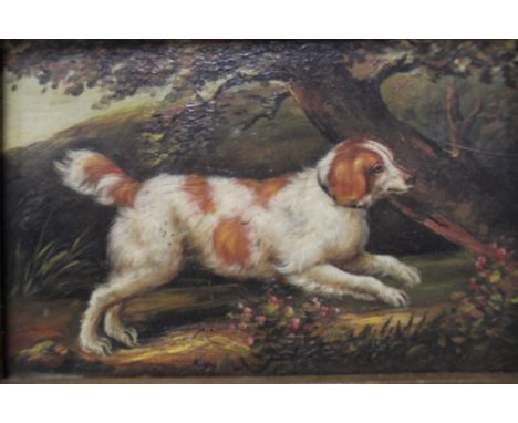 A SMALL GILT FRAMED PAINTING OF A SPANIEL - H11.5 CM W 16 CM TOGETHER WITH A QUANTITY OF PICTURES AND PRINTS