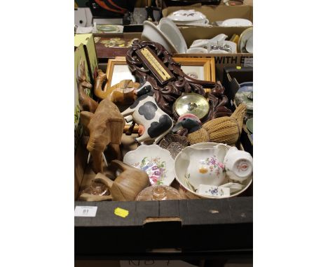 A BOX OF VARIOUS WOODEN ANIMALS ETC, TO INC A CARVED WOODEN BAROMETER AND A SELECTION OF ROYAL CROWN DERBY 'DERBY POSIES' ETC