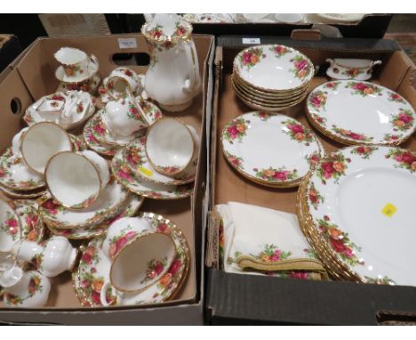 TWO TRAYS OF ROYAL ALBERT OLD COUNTRY ROSES TEA AND DINNERWARE TO INCLUDE A COFFEE POT, CUPS &amp; SAUCERS, APPROX 44 PIECES