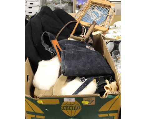 A BOX OF ASSORTED VINTAGE HUNTING / RIDING ATTIRE TO INCLUDE TWO JACKETS, A HUNT WHIP ETC, TOGETHER WITH A VINTAGE TENNIS RAC