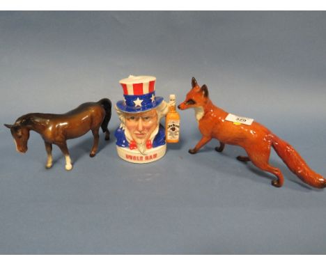 A ROYAL DOULTON JIM BEAM UNCLE SAM BOURBON FLASK TOGETHER WITH A STANDING FOX AND BROWN HORSE - ALL A/F