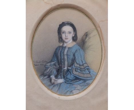 Pierre Jean Edmond Castan – pastel drawing – Portrait of Gertrude Wilson as a young girl in blue, signed & dated, Paris 1859,